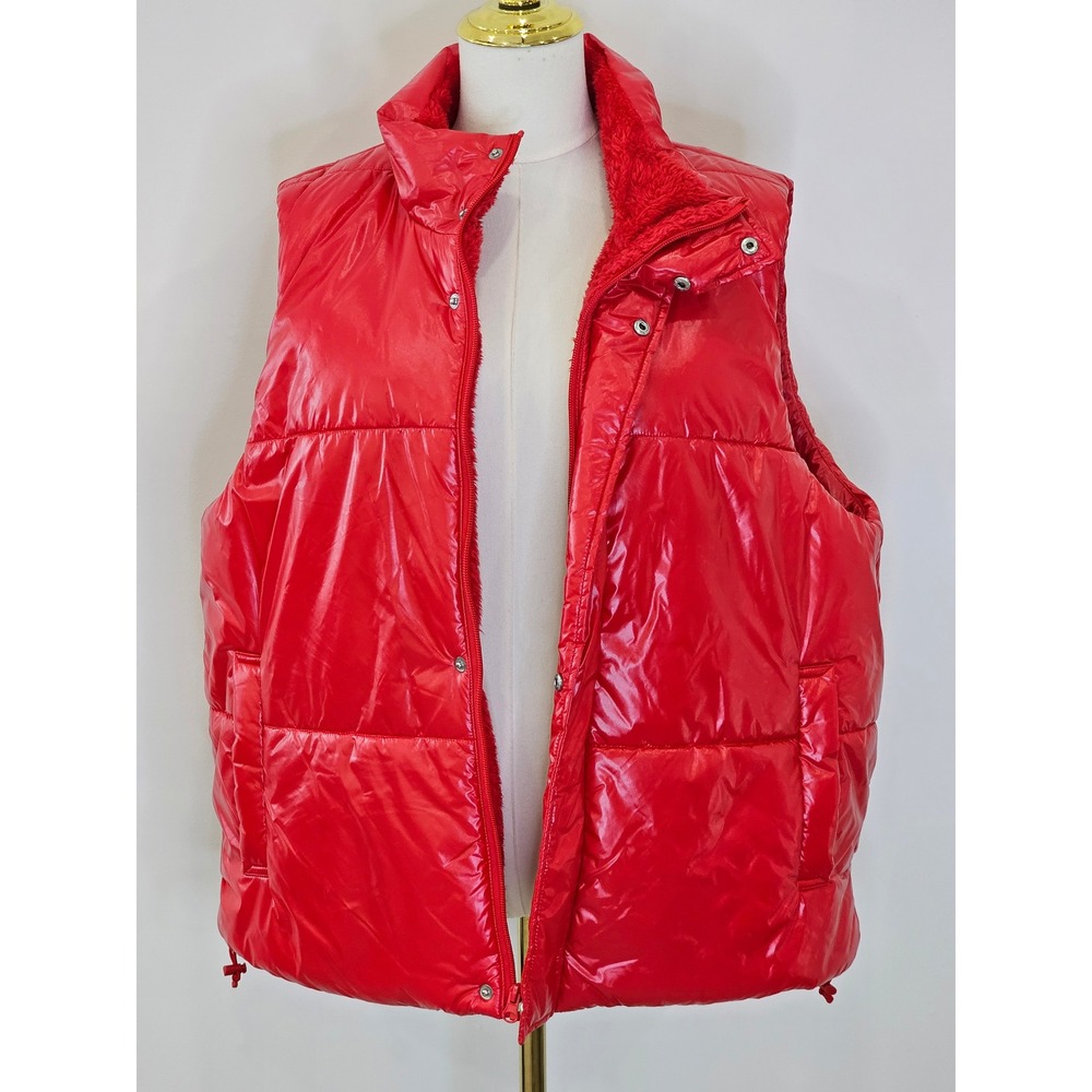 A New Day Red Puffer Vest Faux Fur Lined High Shine Quilted XL